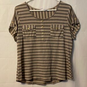 The Workshop Khaki & black Striped Short-Sleeve Top. Gold buttons Waffle crinkle